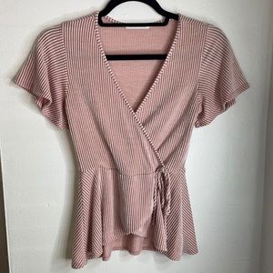 Caution to the Wind Pink Striped Wrap Top
